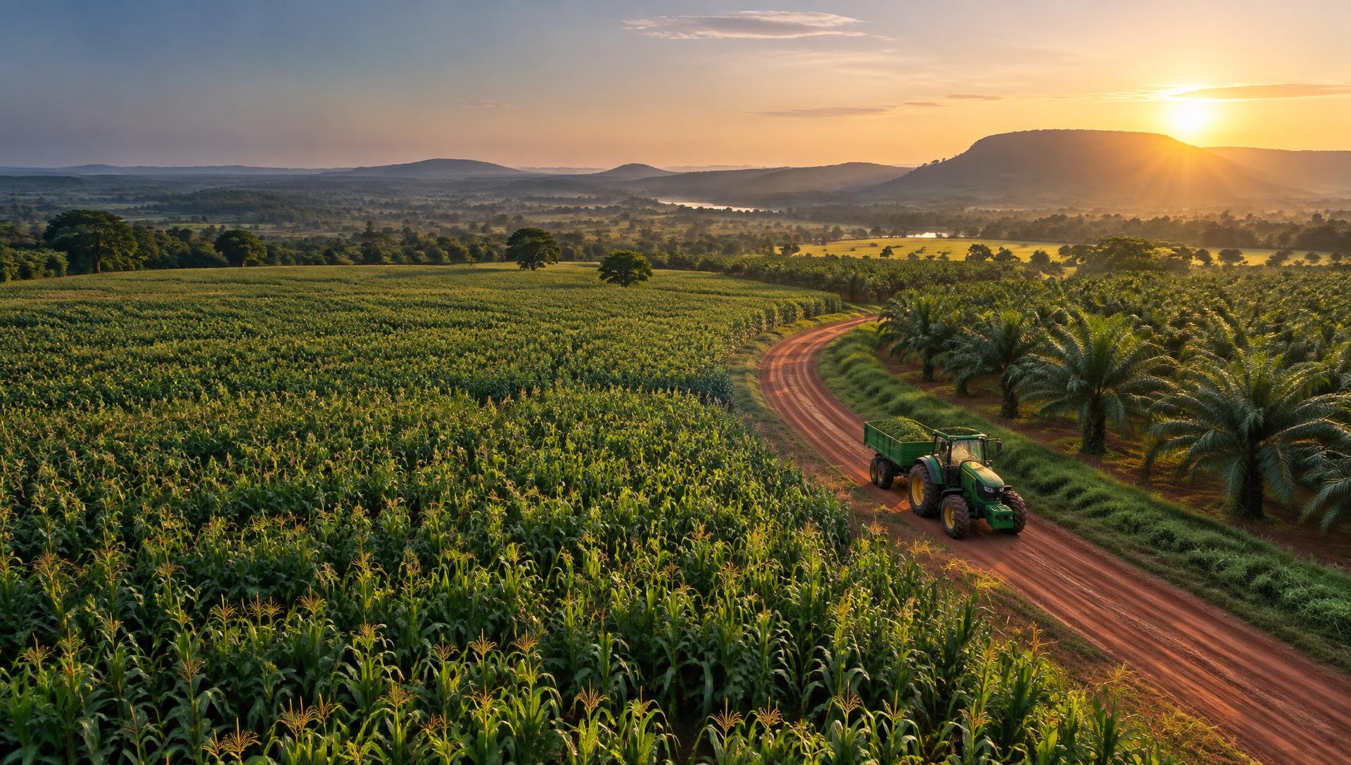 Productive farmland and tractor in Ghana at sunrise